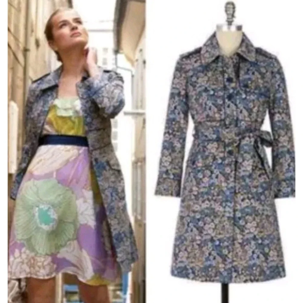 Elevenses Floral Trench Coat Women M 10 Blue Botanical Belted Jacket Cottagecore